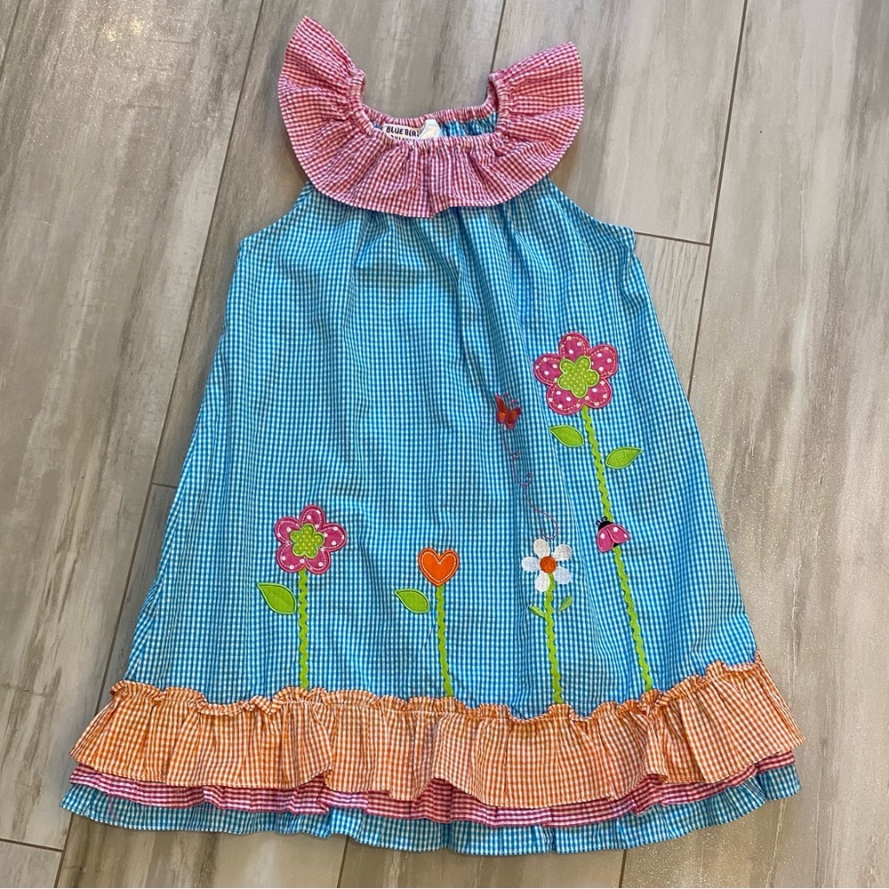 Blueberi Boulevard Colorful Gingham Ruffle Dress with Flower Appliqués, girls 6X